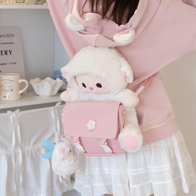 Holding Bamboo Rabbit Fur Backpack Regular Women's White & Pink-5