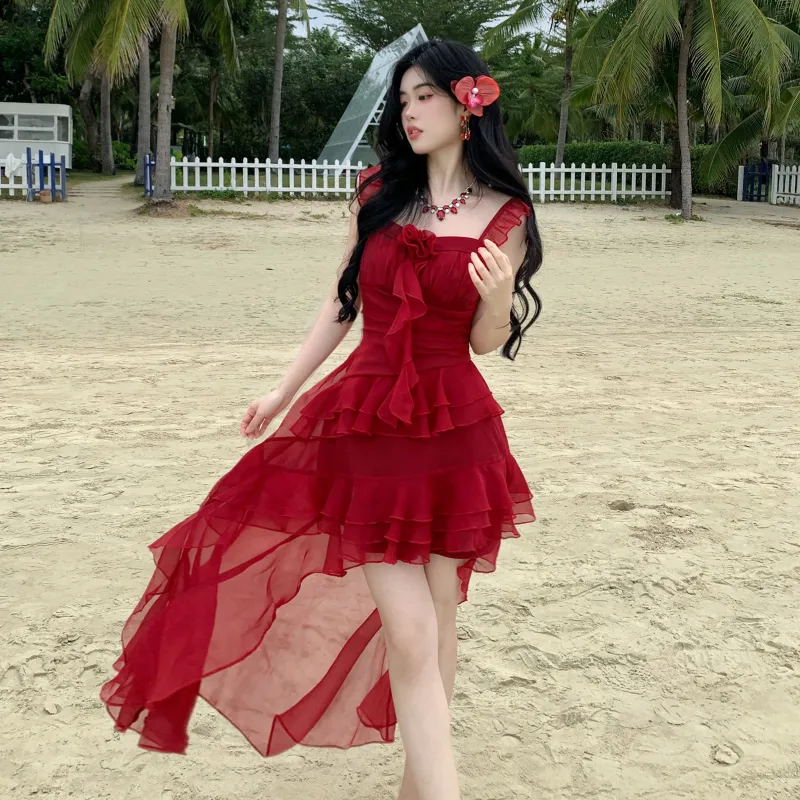 Libito Short Sleeved Dress Women's Red-2