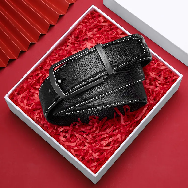 PIERRE CARDIN Leather Business Casual Fashion Pin Buckle Belt Men's Black Width 3.4CM/3.7CM-1