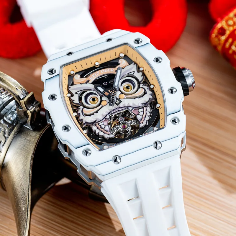 REEF TIGER Waking Lion Collection Automatic Mechanical Movement Silicone Strap Watch Men's Watches Black Dial-9
