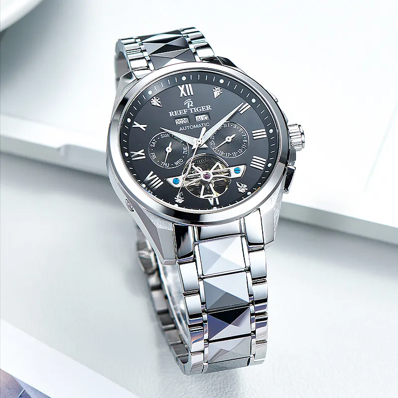 REEF TIGER Automatic Mechanical Movement Tungsten Steel Strap Watch Men's Watches Silver Dial-9