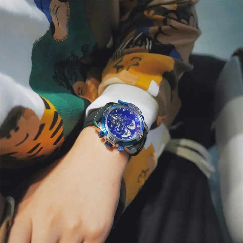 REEF TIGER Automatic/Manual Mechanical Movement Rubber Band Strap Watch Men's Watches Black Dial-4