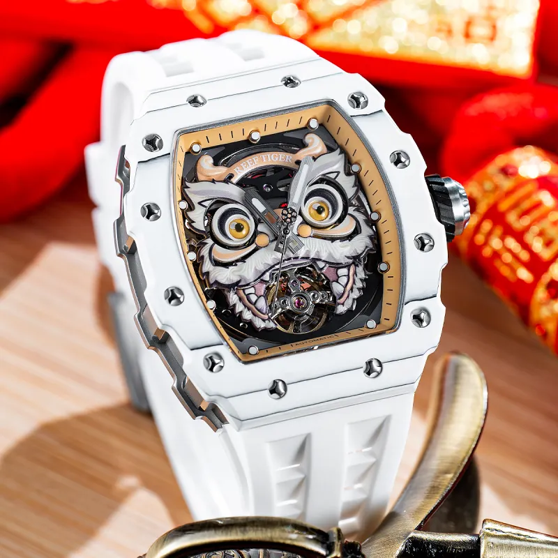 REEF TIGER Waking Lion Collection Automatic Mechanical Movement Silicone Strap Watch Men's Watches Black Dial-11