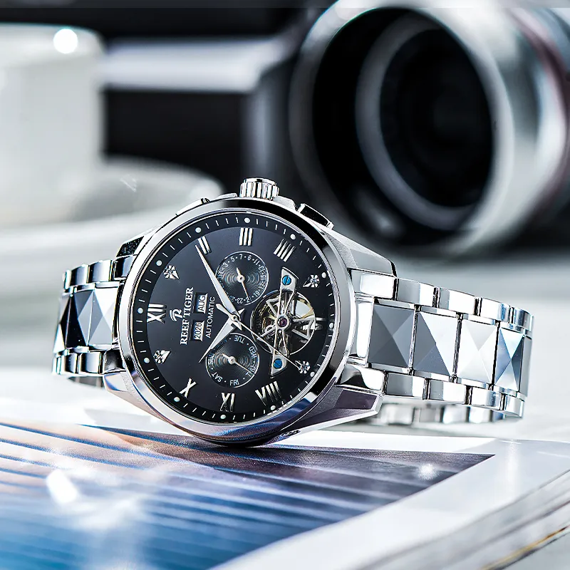 REEF TIGER Automatic Mechanical Movement Tungsten Steel Strap Watch Men's Watches Silver Dial-8