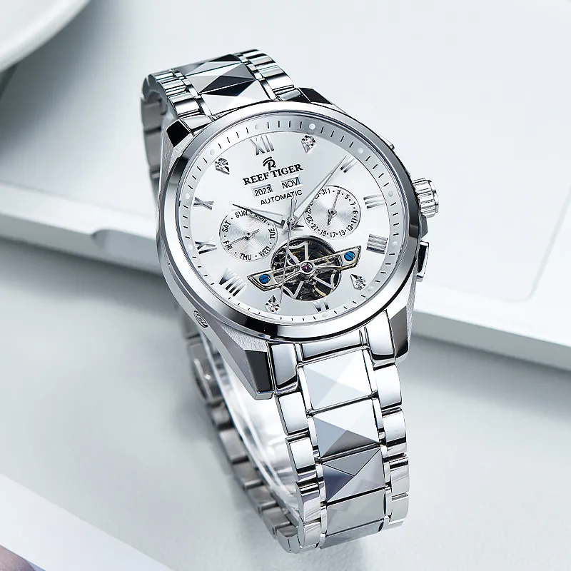 REEF TIGER Automatic Mechanical Movement Tungsten Steel Strap Watch Men's Watches Silver Dial-4