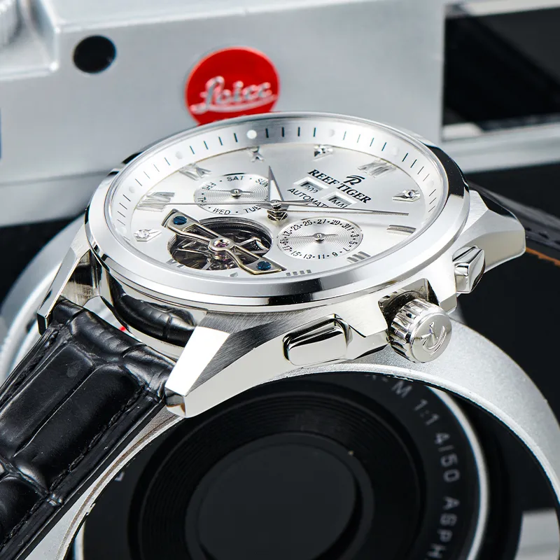 REEF TIGER Automatic Mechanical Movement Leather Watch Bands Watch Men's Watches White Dial-2