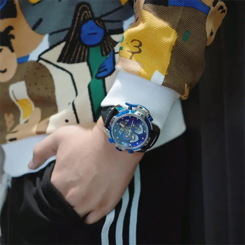 REEF TIGER Automatic/Manual Mechanical Movement Rubber Band Strap Watch Men's Watches Black Dial-3