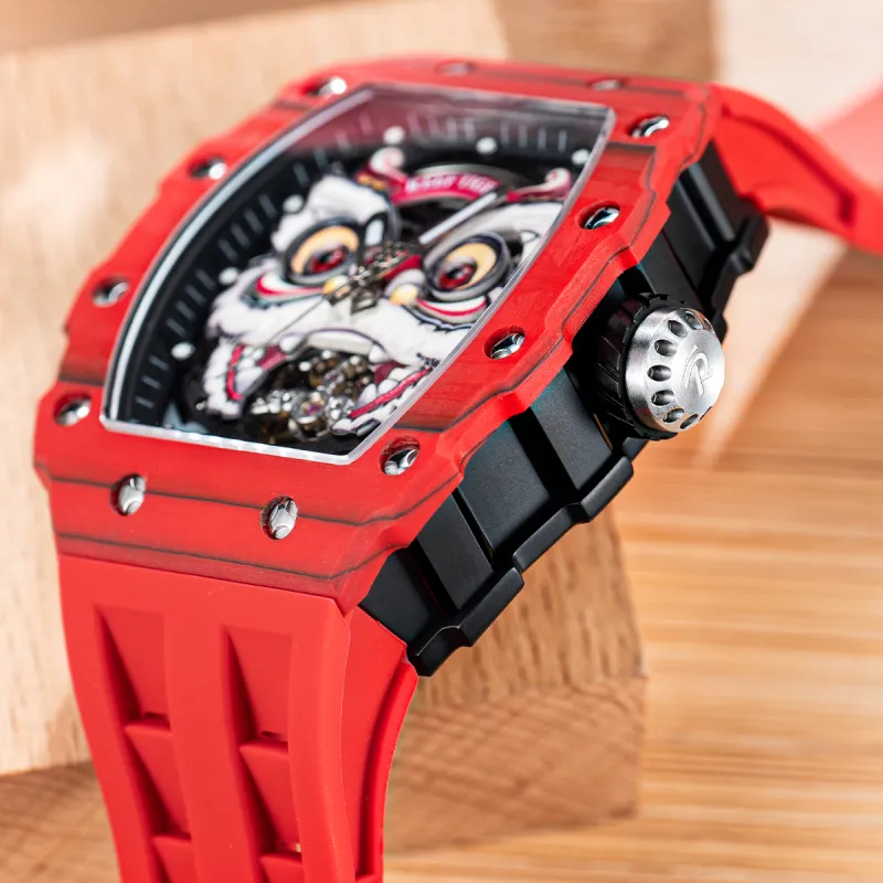 REEF TIGER Waking Lion Collection Automatic Mechanical Movement Silicone Strap Watch Men's Watches Black Dial-2