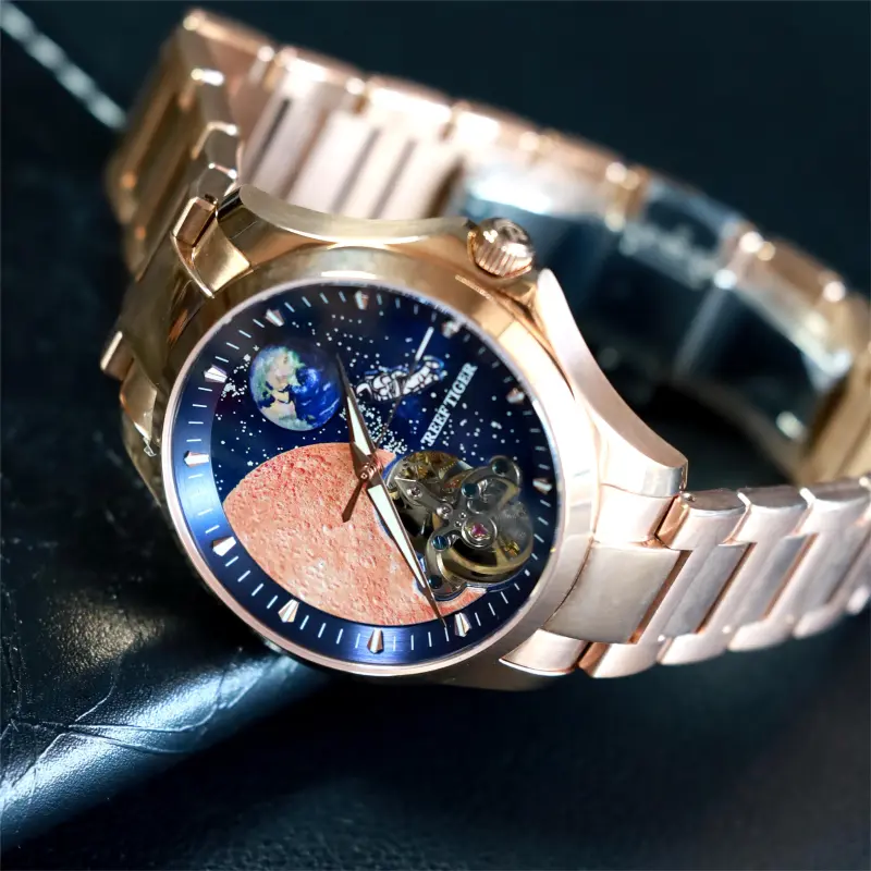REEF TIGER Mechanical Movement Stainless Steel Watchband Watch Men's Watches Blue Dial-11