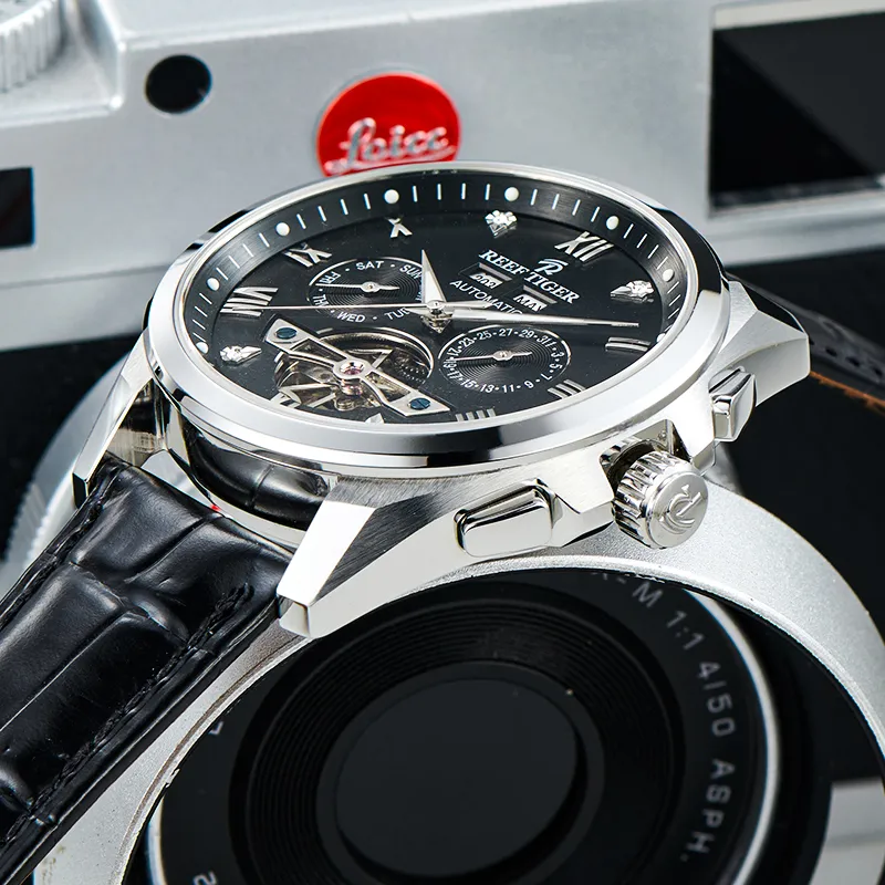 REEF TIGER Automatic Mechanical Movement Leather Watch Bands Watch Men's Watches White Dial-6