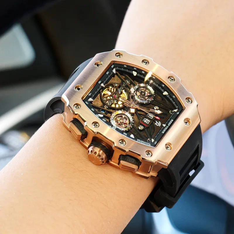 REEF TIGER Aurora Automatic Mechanical Movement Silicone Strap Watch Men's Watches Black Dial-12