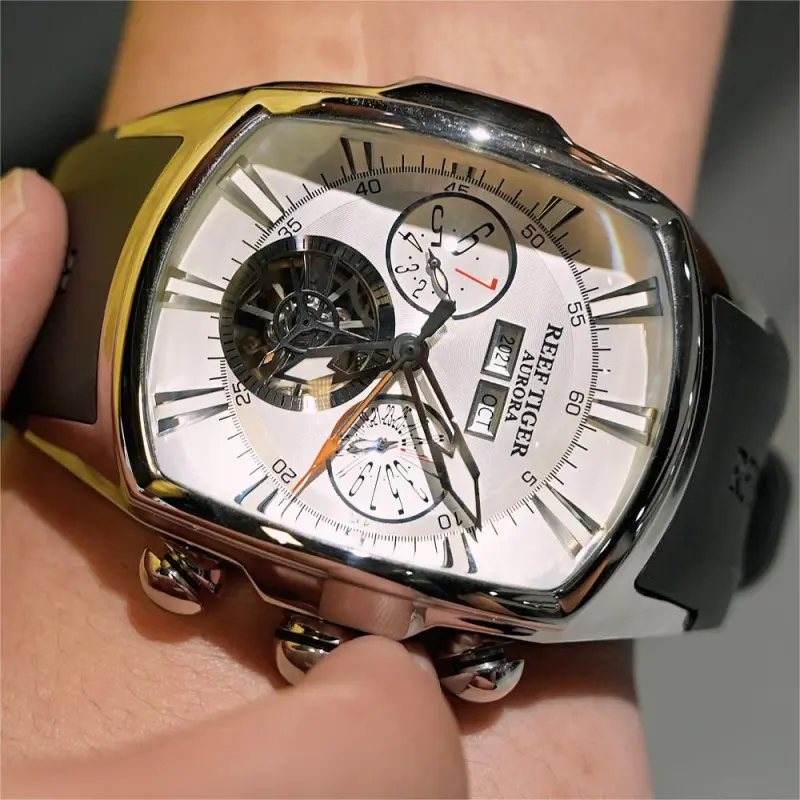 REEF TIGER Aurora Collection Tank II Automatic Mechanical Movement Watch Men's Watches White Dial-3