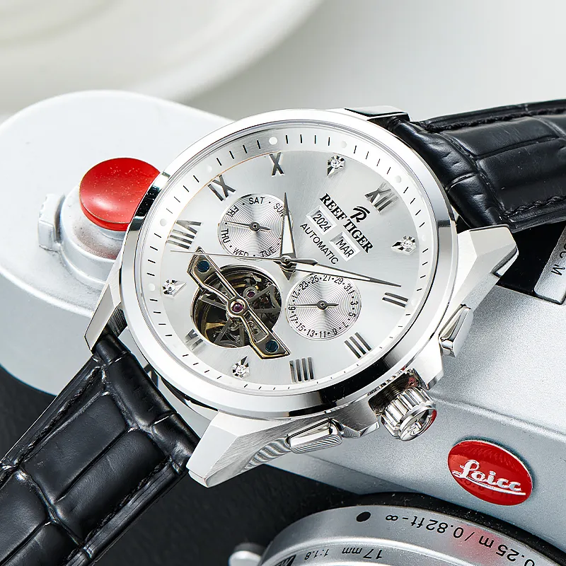 REEF TIGER Automatic Mechanical Movement Leather Watch Bands Watch Men's Watches White Dial-3
