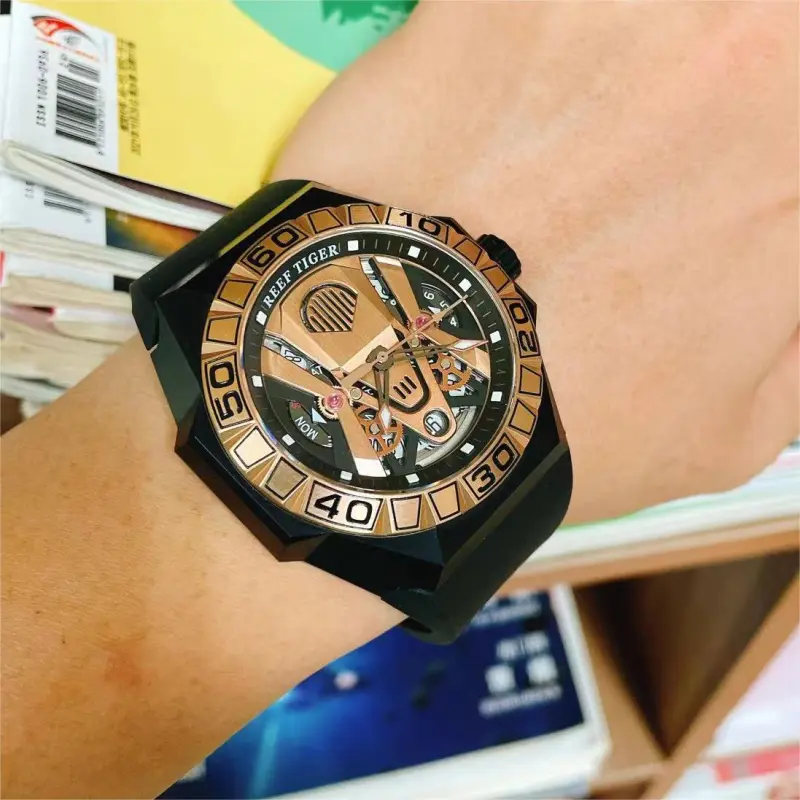 REEF TIGER Black Shark Collection Automatic Mechanical Movement Watch Men's Watches Gold Dial RGA6922-BPR-5