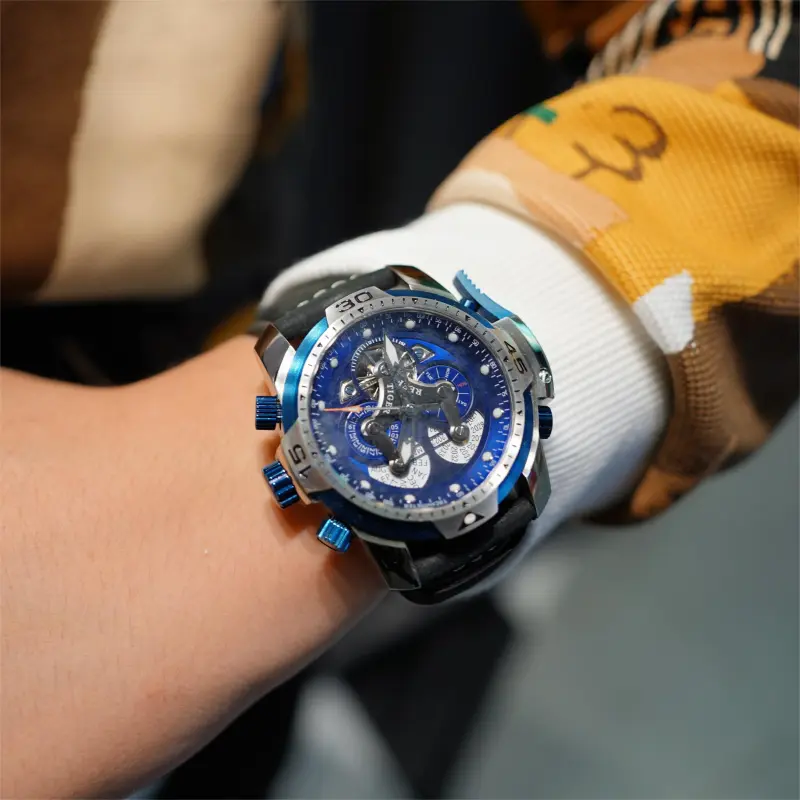 REEF TIGER Automatic/Manual Mechanical Movement Rubber Band Strap Watch Men's Watches Black Dial-1
