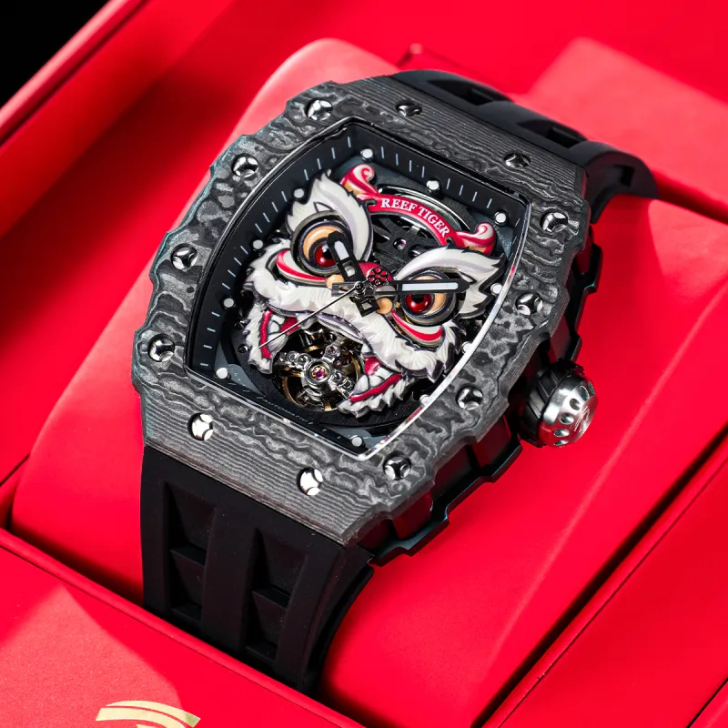 REEF TIGER Waking Lion Collection Automatic Mechanical Movement Silicone Strap Watch Men's Watches Black Dial-5