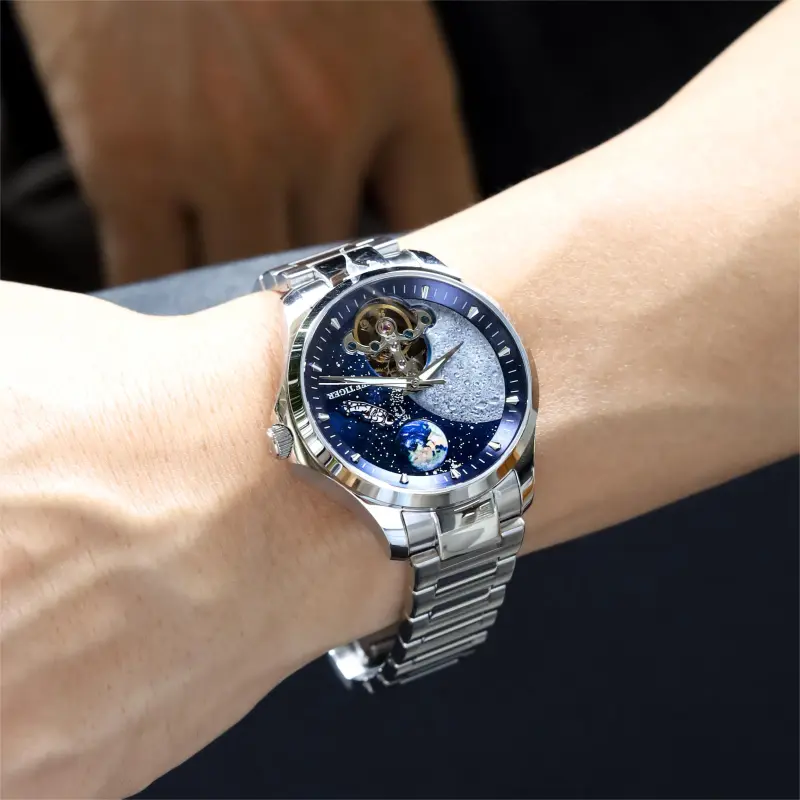 REEF TIGER Mechanical Movement Stainless Steel Watchband Watch Men's Watches Blue Dial-2