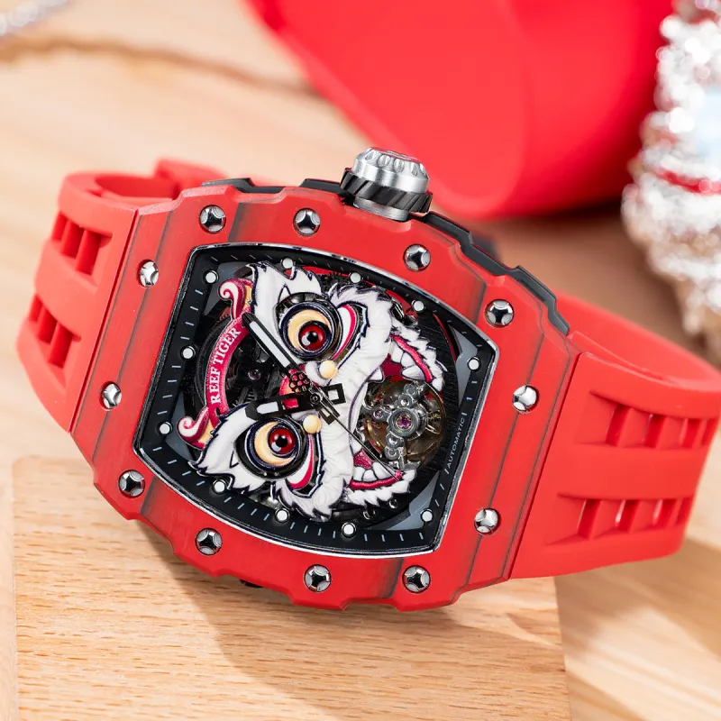 REEF TIGER Waking Lion Collection Automatic Mechanical Movement Silicone Strap Watch Men's Watches Black Dial-1