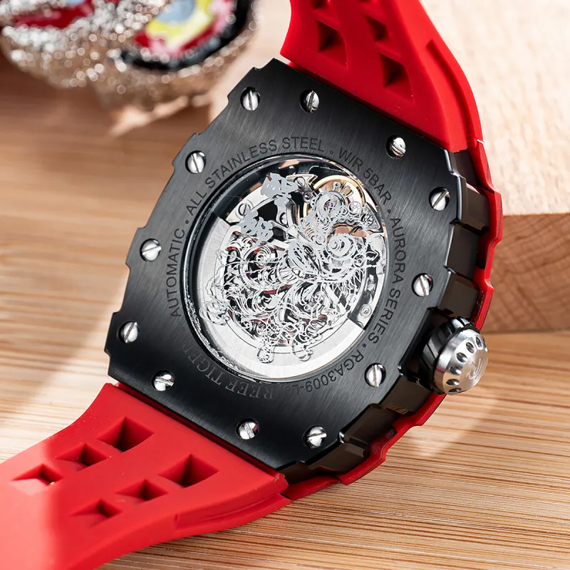REEF TIGER Waking Lion Collection Automatic Mechanical Movement Silicone Strap Watch Men's Watches Black Dial-3