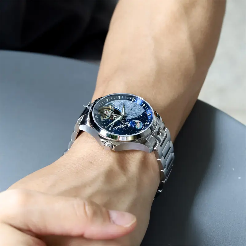 REEF TIGER Mechanical Movement Stainless Steel Watchband Watch Men's Watches Blue Dial-5