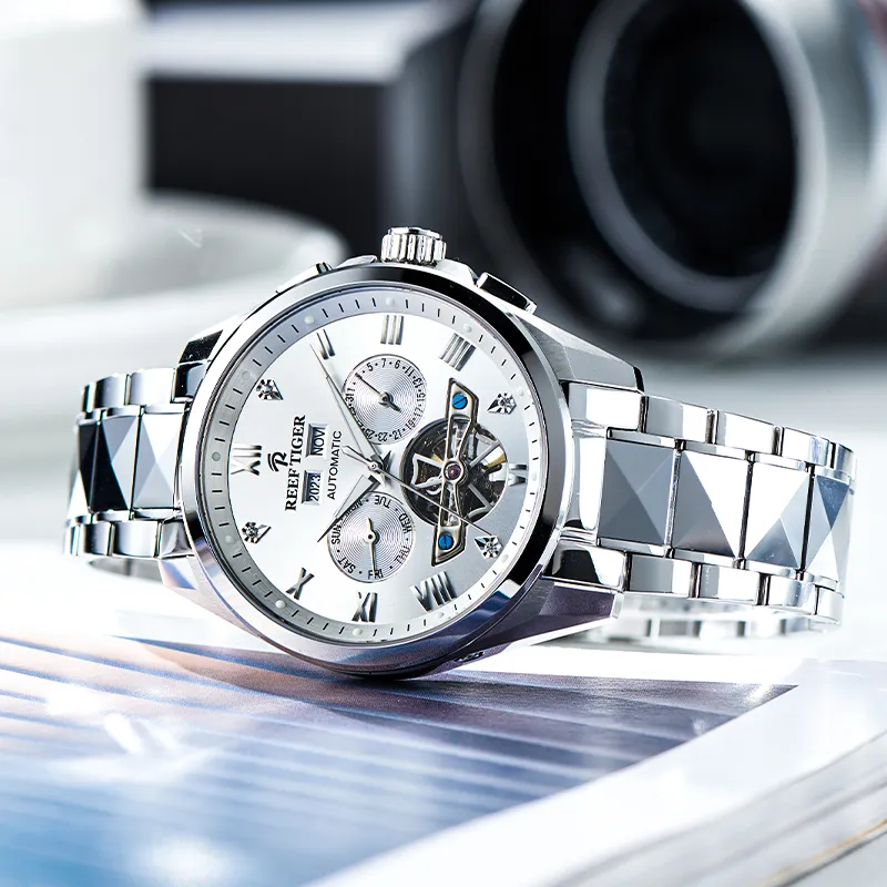 REEF TIGER Automatic Mechanical Movement Tungsten Steel Strap Watch Men's Watches Silver Dial-3