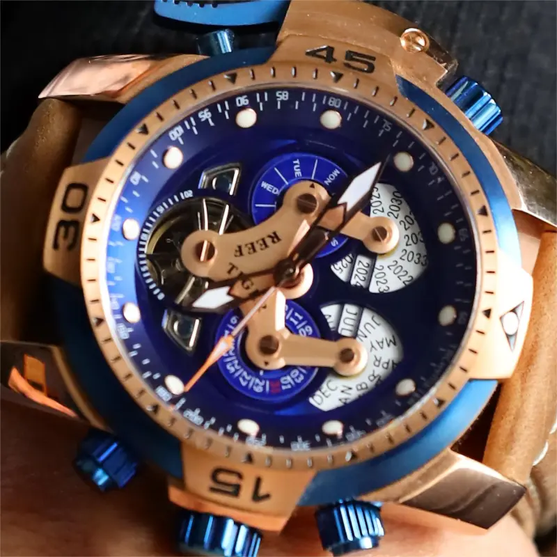 REEF TIGER Aurora Mechanical Movement Stainless Steel Watchband Watch Men's Watches Blue Dial-4
