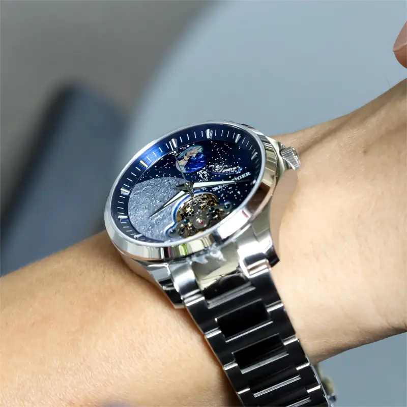 REEF TIGER Mechanical Movement Stainless Steel Watchband Watch Men's Watches Blue Dial-1