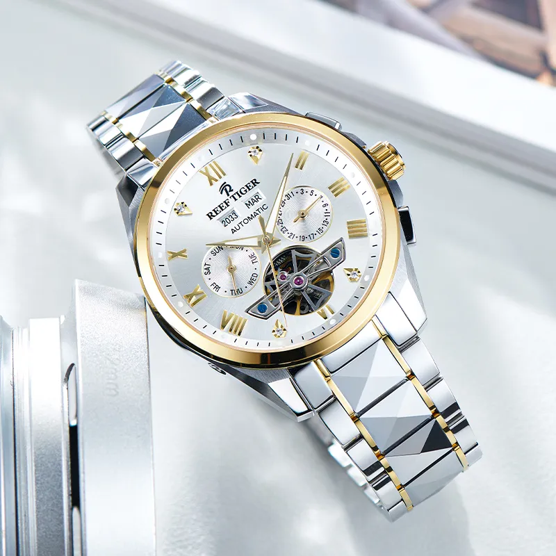 REEF TIGER Automatic Mechanical Movement Tungsten Steel Strap Watch Men's Watches Silver Dial-13