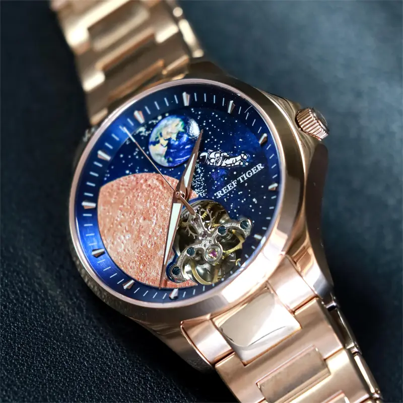 REEF TIGER Mechanical Movement Stainless Steel Watchband Watch Men's Watches Blue Dial-10