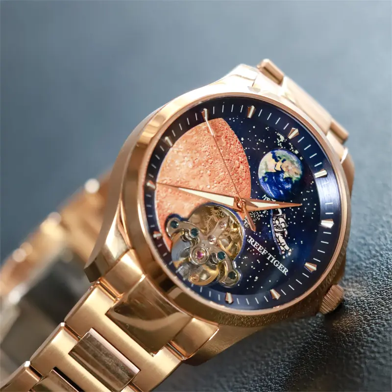 REEF TIGER Mechanical Movement Stainless Steel Watchband Watch Men's Watches Blue Dial-7