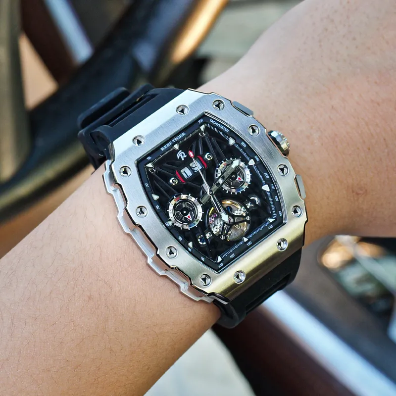 REEF TIGER Aurora Automatic Mechanical Movement Silicone Strap Watch Men's Watches Black Dial-3