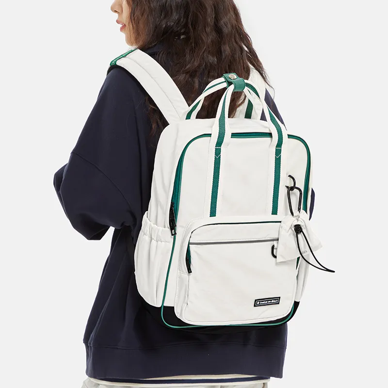 LIVEBOX EN DIRECT Nylon Laptop Backpack Medium Size Women's Gray White Green-2