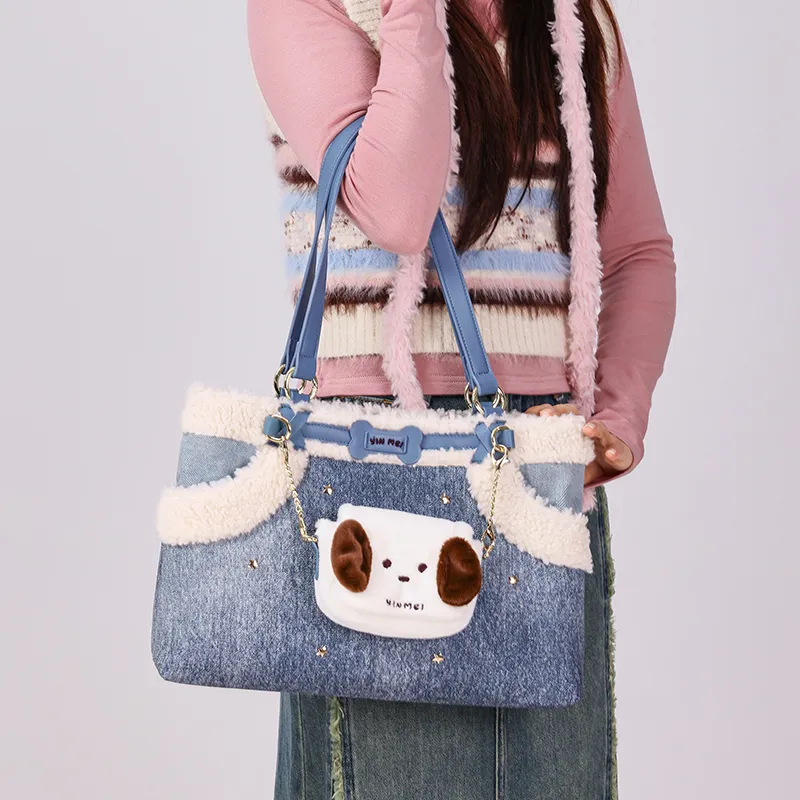 Sound For Life Synthetic Leather Tote Bag Shopping Bag Shoulder Bags Women's Brown/Denim Blue-7