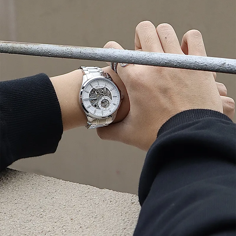 AILANG Automatic Mechanical Movement Genuine Leather Strap Watch Men's Watches White Dial-4