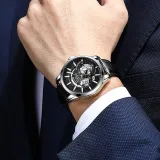 Silver Case Black Dial Black Leather Strap[Cuban Bracelet-Festival Box Clothing Sets]