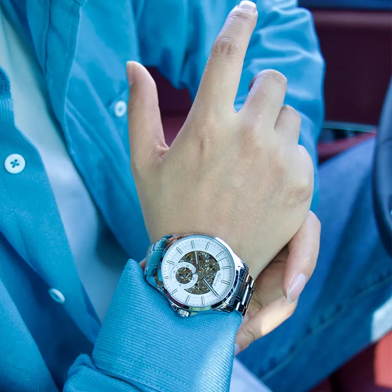 AILANG Automatic Mechanical Movement Genuine Leather Strap Watch Men's Watches White Dial-6
