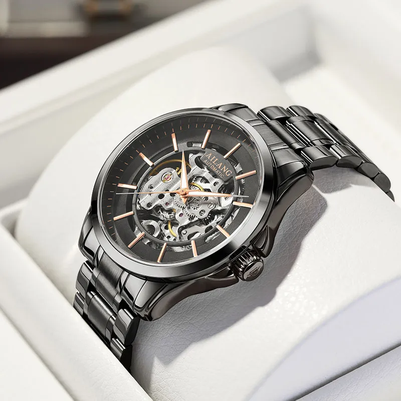 AILANG Automatic Mechanical Movement Stainless Steel Watchband Watch Men's Watches Black Dial-5