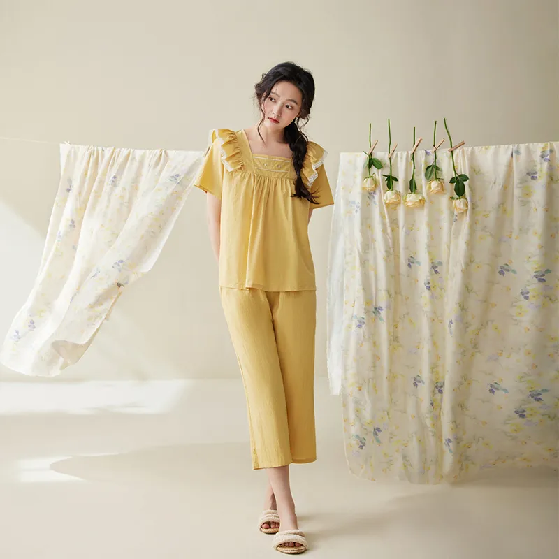 Aannsfam Pajama Set Women's Light Honey Yellow-3