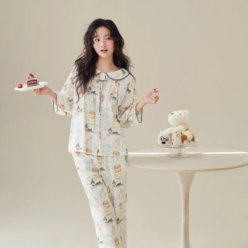 Aannsfam Pajama Set Women's Cream Blue-2