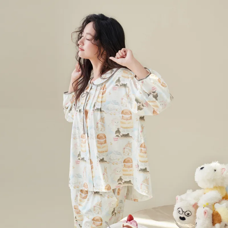 Aannsfam Pajama Set Women's Cream Blue-4