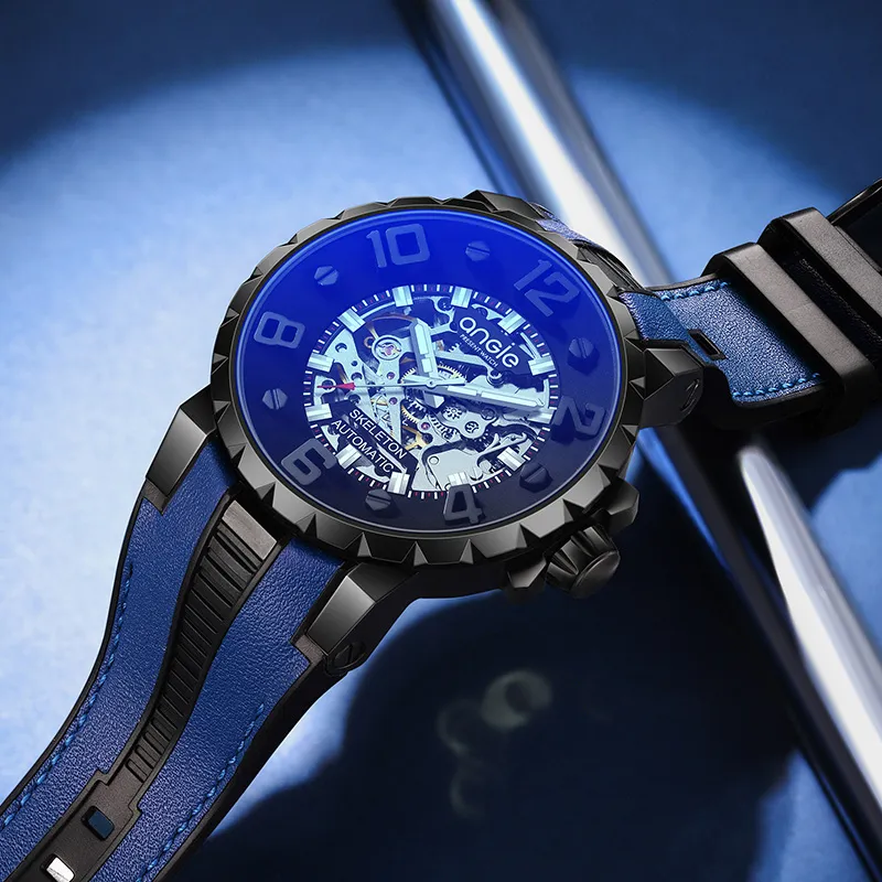 ANGIE PRESENT WATCH Automatic Mechanical Movement Cowhide Strap Watch Men's Watches Black Dial-1