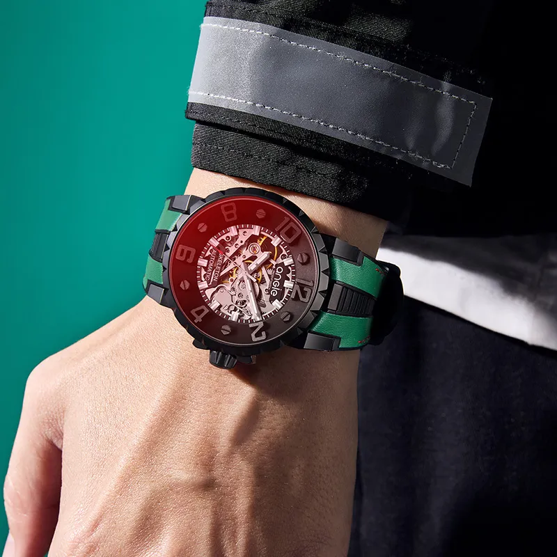 ANGIE PRESENT WATCH Automatic Mechanical Movement Cowhide Strap Watch Men's Watches Black Dial-8