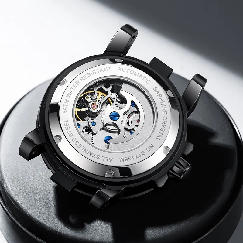ANGIE PRESENT WATCH Automatic Mechanical Movement Cowhide Strap Watch Men's Watches Black Dial-5