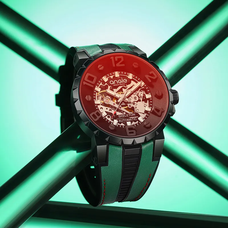 ANGIE PRESENT WATCH Automatic Mechanical Movement Cowhide Strap Watch Men's Watches Black Dial-7