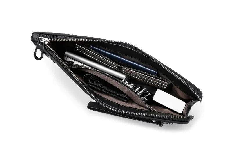FAIRWHALE Top Grain Cow Leather Clutch Men's Black-7