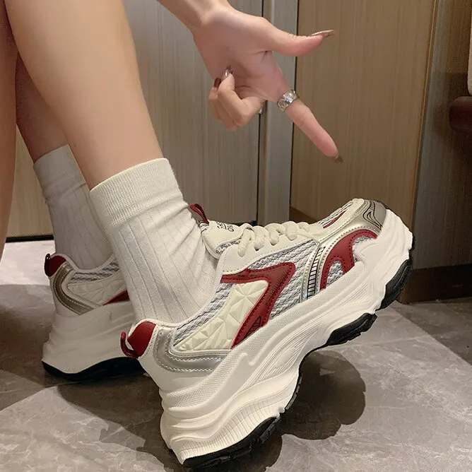 Luji Chunky Sneakers Women's Low Top Ecru/Silver/Red-11