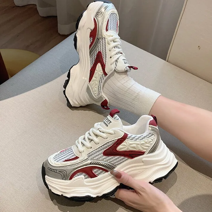 Luji Chunky Sneakers Women's Low Top Ecru/Silver/Red-10