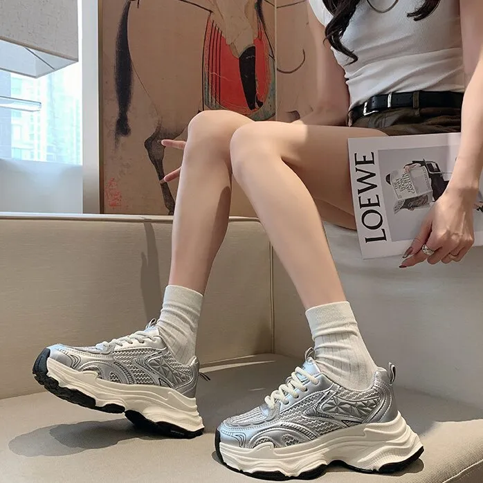 Luji Chunky Sneakers Women's Low Top Ecru/Silver/Red-5
