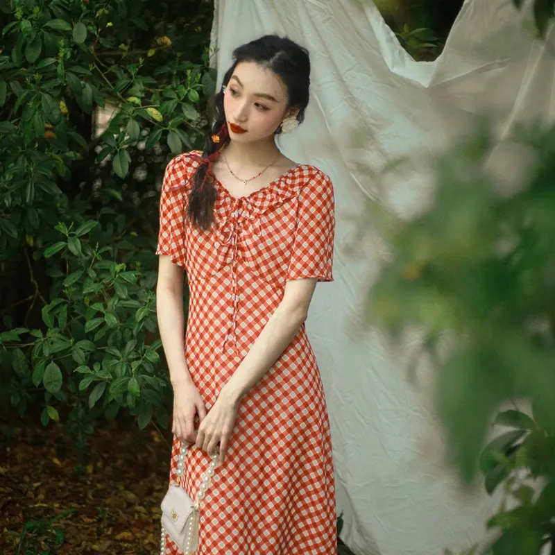 ANNECHEN Retro Short Sleeved Dress Women's-1