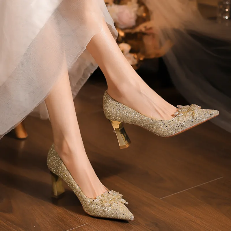 A Poinsettia Princess Chunky Heel High Heels Women's Champagne-5